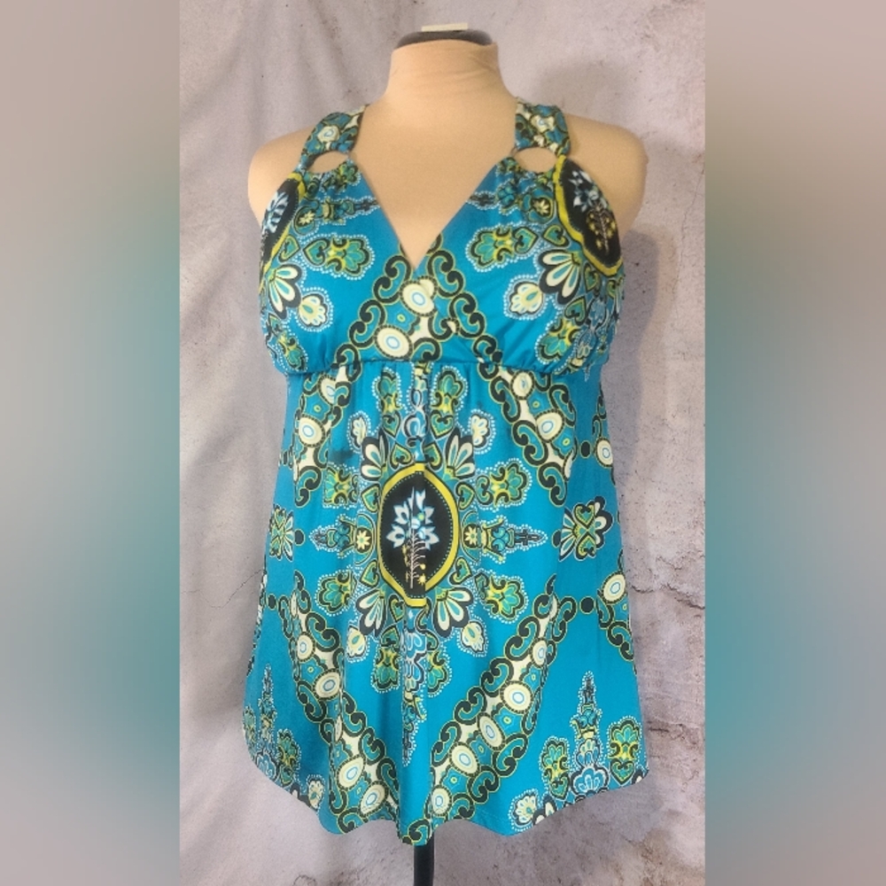 XL EUC Blue White Black Empire Waist Sleeveless Top, Rings In Shoulder Straps